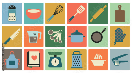Set of eighteen retro kitchen utensil icons for cooking and baking arranged in a grid, featuring a flat design with a vintage color scheme showing various culinary tools