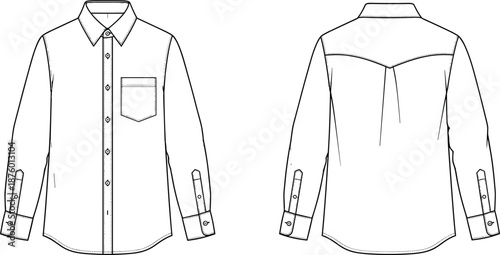 cad drawing flat vector illustration, long sleeve shirt sketch, fashion top template, garment technical design, box pleat view, shirt blueprint