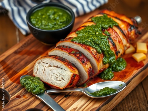 Sliced roasted pork with green sauce