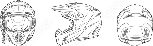 cad drawing flat vector illustration, motocross helmet sketch, protective gear template, technical headwear design, aerodynamic view, helmet blueprint