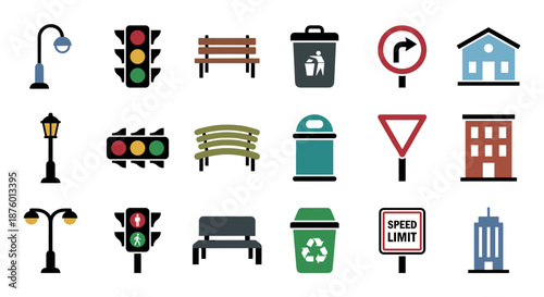 Collection of colorful flat design icons representing various urban city street elements like traffic lights, road signs, benches, lampposts, trash cans, and buildings