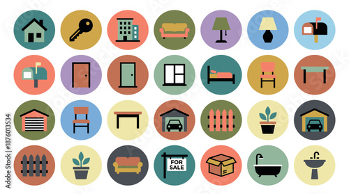 Colorful flat design icon set for real estate and home living concepts, featuring furniture, buildings, and moving symbols in a clean, modern graphic illustration style
