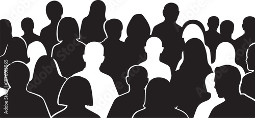 Silhouettes of a diverse crowd of people facing forward
