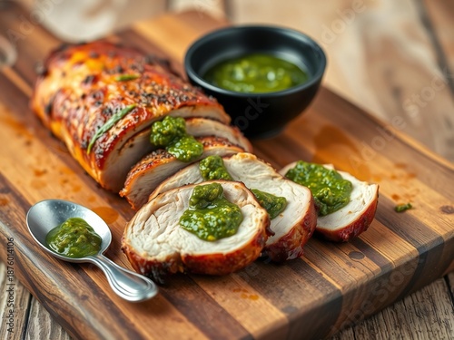 Sliced roasted pork with green sauce