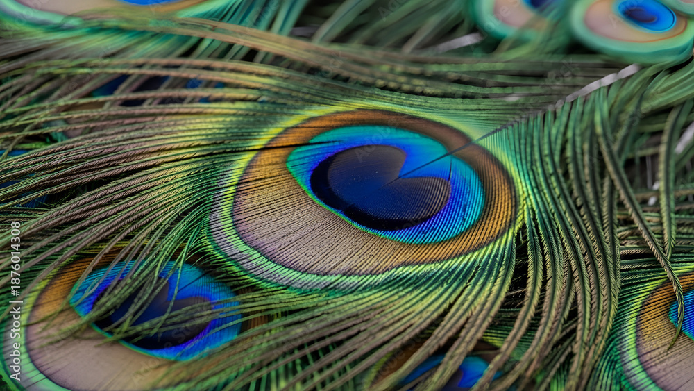 Fototapeta premium Luxurious, exotic close-up of iridescent peacock feathers, shimmering emerald green to sapphire blue. Perfect for high-end fashion, luxury branding, elegant event invitations,