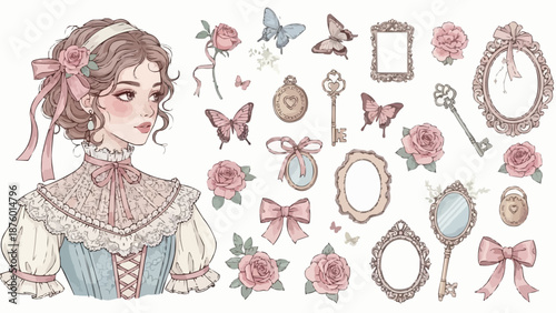 Victorian Woman with Roses and Butterflies Illustration.