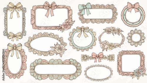 Collection of decorative vintage frames with bows and floral elements.