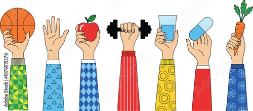 Healthy lifestyle icons, wellness hands, fitness symbols, nutrition vector, hydration illustration, mindfulness graphic, supplement art, carrot apple dumbbell water