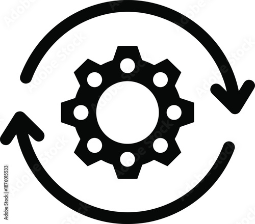 Gear icon, process automation, system update, circular arrows, mechanical operation, configuration symbol, workflow cycle, vector design, settings icon, technical concept