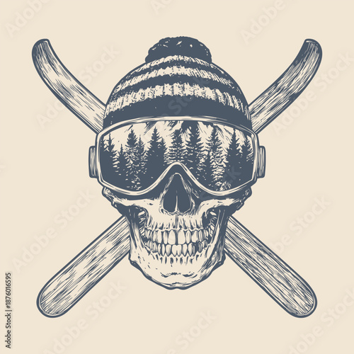 Vintage style vector illustration of a skull with ski equipment and crossed skis behind it.