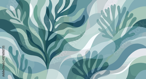Vector of underwater scene with seaweed and plants in shades of blue and green from a top-down viewpoint