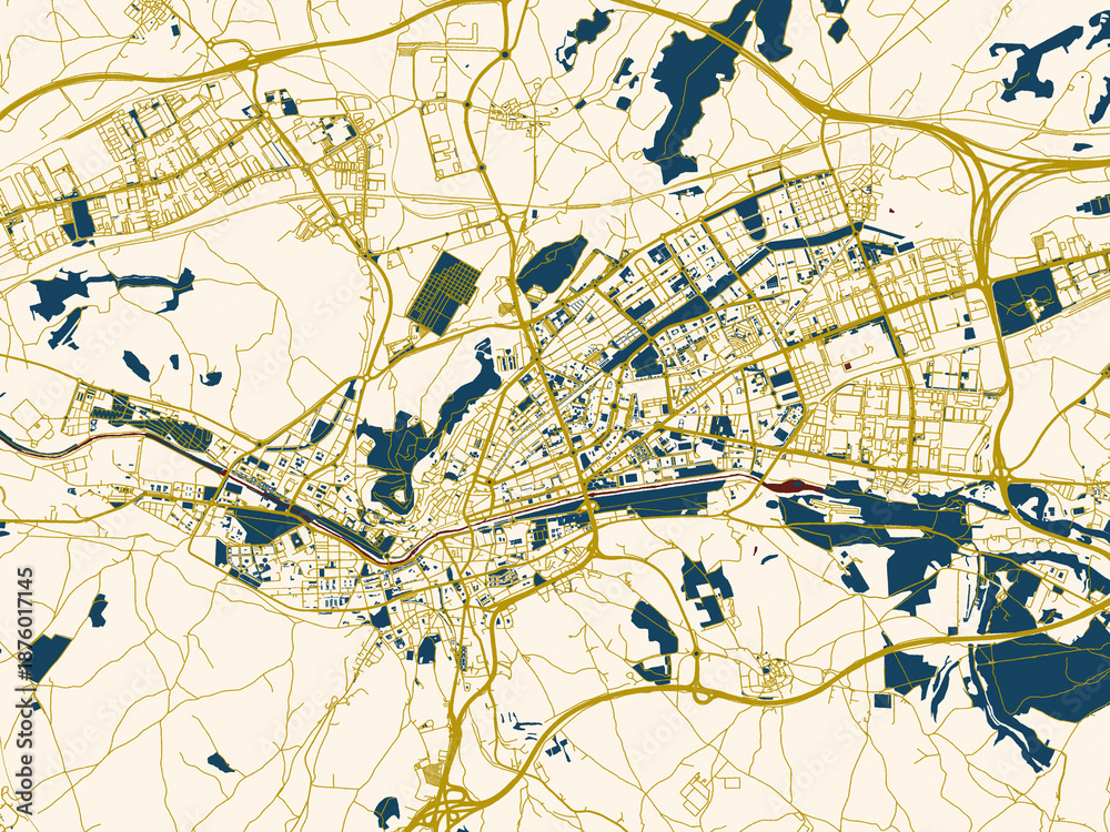 Obraz premium Decorative abstract map of Burgos, Spain, featuring rich red water shapes with ivory land and golden street network accents