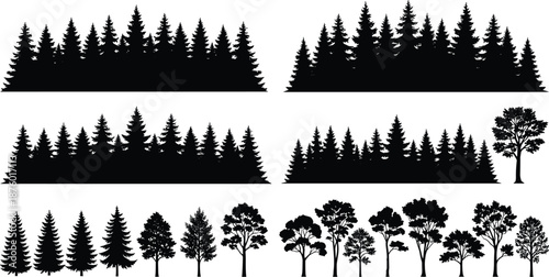 Set of black forest silhouettes featuring pine tree lines and various deciduous tree icons isolated on white background for nature design