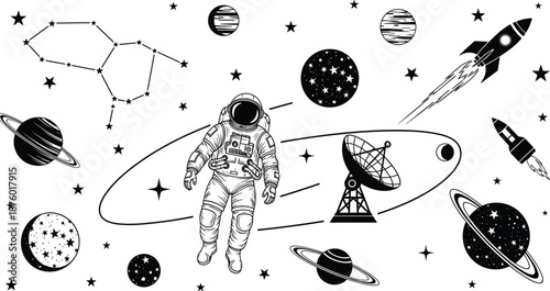 Black and White Space Exploration Silhouette Featuring Astronaut, Rockets, Planets, Stars, and Satellite for Astronomy, Science Education, and Cosmic Adventure Illustration