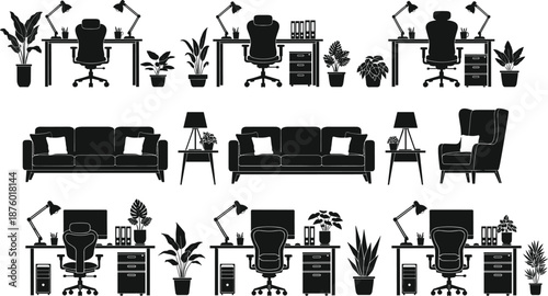 Black Silhouette Vector of Home Office Desks and Living Room Furniture Layouts Featuring Chairs, Lamps, Plants, Sofas, and Interior Decor Elements