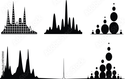 Abstract black data visualization shapes, histogram silhouettes, sound wave graphs, bubble charts, analytics infographic vector set, modern minimal design elements