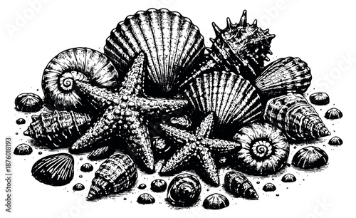 Hand drawn line art marine life set featuring various seashells and starfishes for summer holiday designs