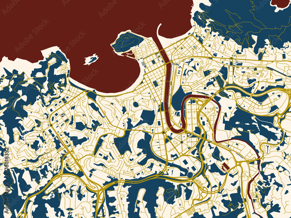 Obraz premium Poster-style map of San Sebastian, Spain using cream map with gold lines