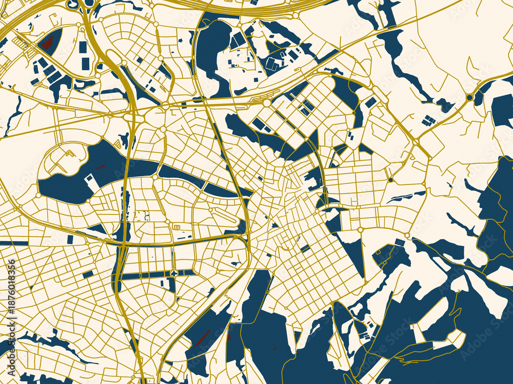 Obraz premium City map of Sant Cugat del Valles, Spain – gold street network with deep red water