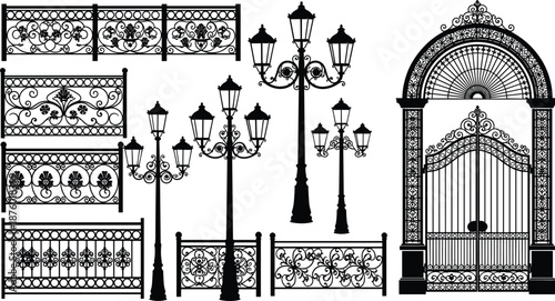 Black Silhouette Vector of Ornate Wrought Iron Designs Featuring Decorative Fences, Vintage Street Lamps, and Elegant Gates for Architectural and Landscaping Themes