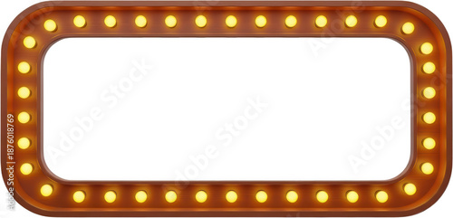 Rectangular wooden marquee frame bordered by evenly spaced glowing yellow light bulbs creating a vintage sign effect illumination retro theater carnival electric transparent background