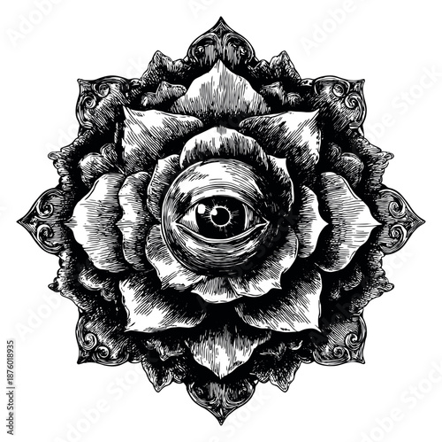 Hand drawn line art illustration of an all-seeing eye within a mandala rose depicting spiritual enlightenment for esoteric design
