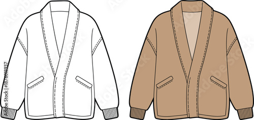 Cad drawing flat vector illustration, fashion technical sketch of cardigan sweater front and back view with dropped shoulders and diagonal pockets