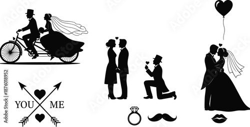 Set of Romantic Wedding Silhouette Icons Featuring Bride and Groom on Tandem Bicycle, Marriage Proposal, Engagement Ring, Heart Balloon, and Love Symbols