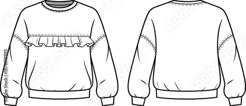 Cad drawing flat vector illustration, fashion technical sketch of ruffle sweatshirt front and back view with ribbed cuffs and hem