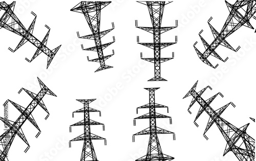 Black silhouette vector illustration of high voltage power lines and electricity transmission towers isolated on white background for industrial energy concept.