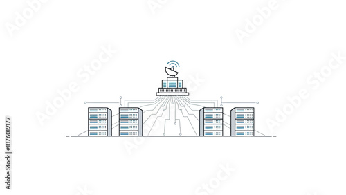 Centralized data processing system with multiple server racks connected to a central hub featuring a satellite dish.