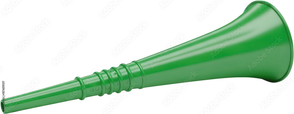 Fototapeta premium Shiny green plastic vuvuzela horn with ridged detailing shown diagonally suggesting a celebratory noisemaker object sport celebration party event sound trumpet musical transparent background