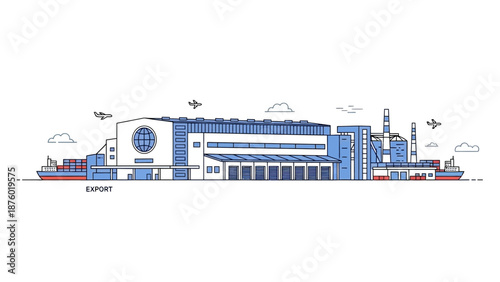 A detailed illustration of a modern industrial port facility with cargo ships, airplanes, and warehouses under a cloudy sky.