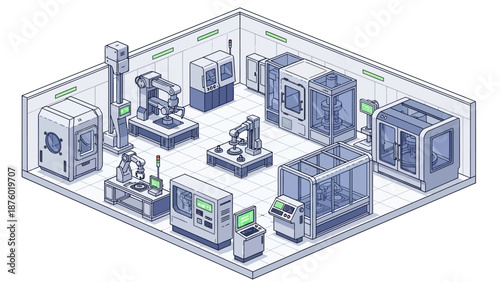 A comprehensive isometric illustration of a modern manufacturing facility showcasing advanced robotics and automated machinery.