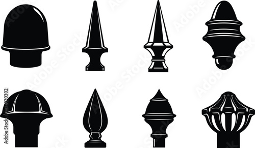 Decorative Fence Finial Silhouettes, Ornamental Gate Post Cap Icons Set, Wrought Iron Railing Top Elements, Architectural Metal Design Hardware Vector Illustrations