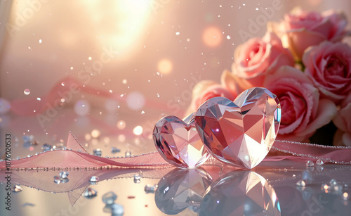 Romantic crystal hearts with pink roses, soft light and sparkling bokeh creating elegant love and Valentine background