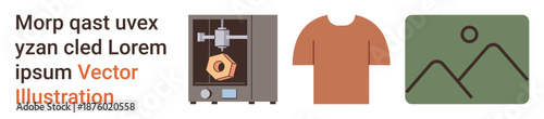 Product design, manufacturing, apparel, technology, nature, digital media. Three designs 3D printer, T-shirt landscape graphic. Manufacturing and apparel concepts illustrated visually