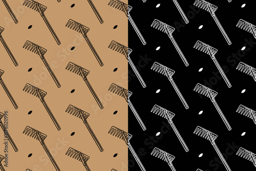 Garden rake tool with star hand drawn seamless pattern background for merchandise. Leaf rake tool motif wallpaper. Farming lawn pitchfork repeating surface for agrarian. Vector Illustration