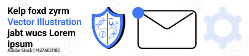 Cybersecurity, secure communication, email notification, data protection, system settings, digital alerts. Shield with icons, envelope with notification dot and gear. Cybersecurity and secure