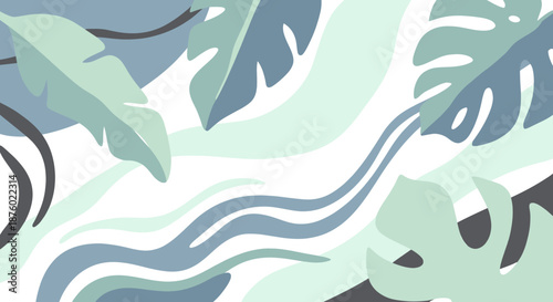 Tropical leaves and abstract waves in a serene and modern illustration