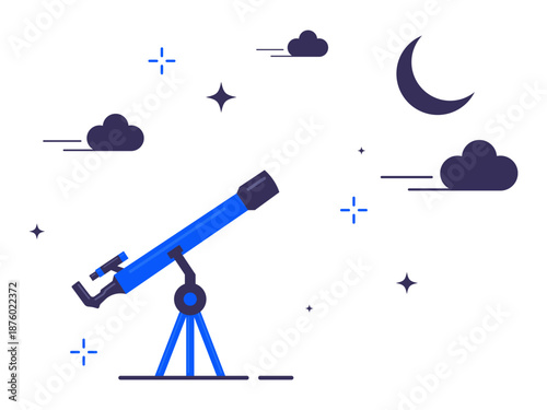 Blue Telescope Observing Night Sky  Astronomy Exploration Flat Design