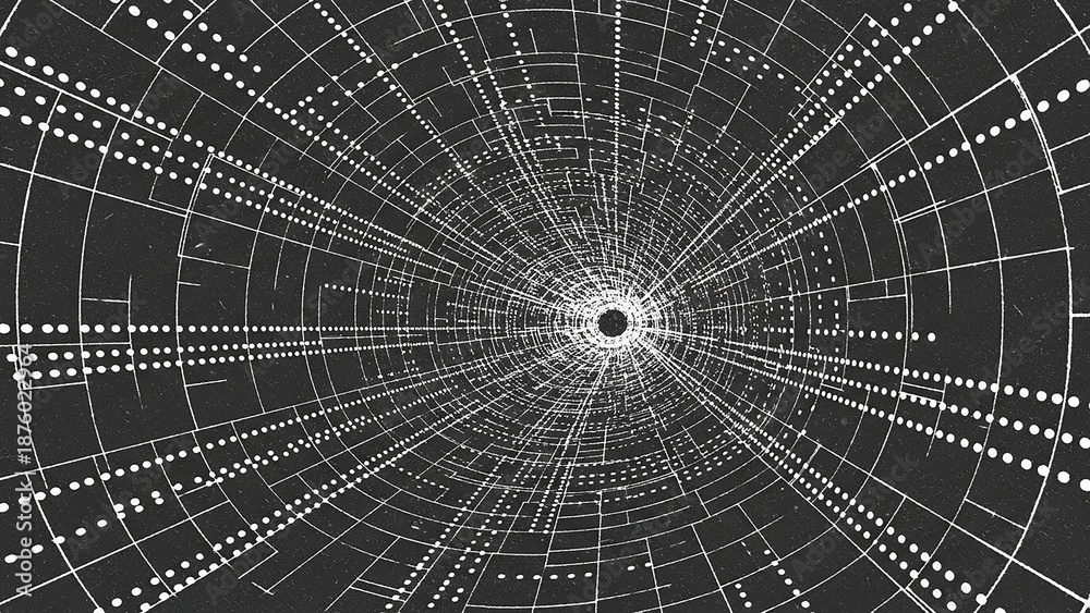 Obraz premium Futuristic grid tunnel with radial lines and dots converging at the center, showcasing a technological abstraction from a forward viewpoint