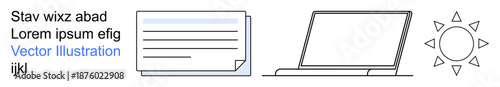 Education, online work, documentation, media design, productivity, solar energy. Features laptop drawing, file icon sun graphic and placeholder text. Online work and education concept