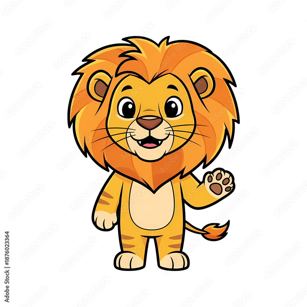 Obraz premium Friendly cartoon lion with big smile and waving paw on black background