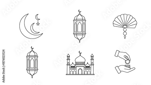 Islamic Symbols Collection Featuring Crescent Moon Mosque Lantern Fan Hands Giving Coins Line Art Elements For Religious Celebrations And Community