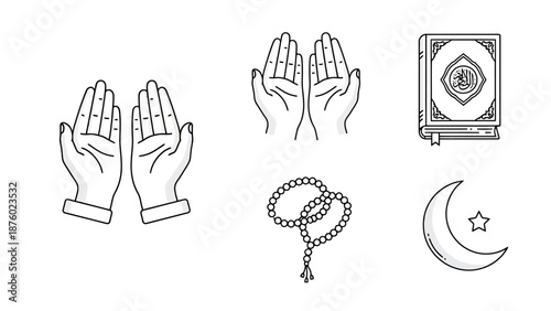 Collection of Islamic Symbols Including Prayer Hands Holy Book Prayer Beads Crescent Moon and Star Icons Isolated on White Background