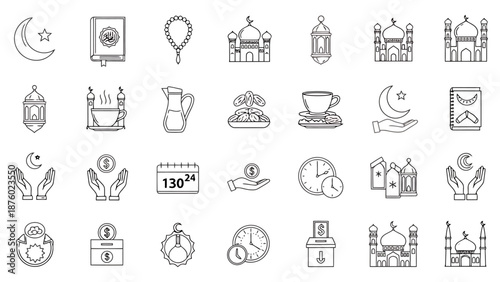 Collection of religious and cultural symbols representing Islamic traditions including mosques prayer beads holy book calendars and crescent moon