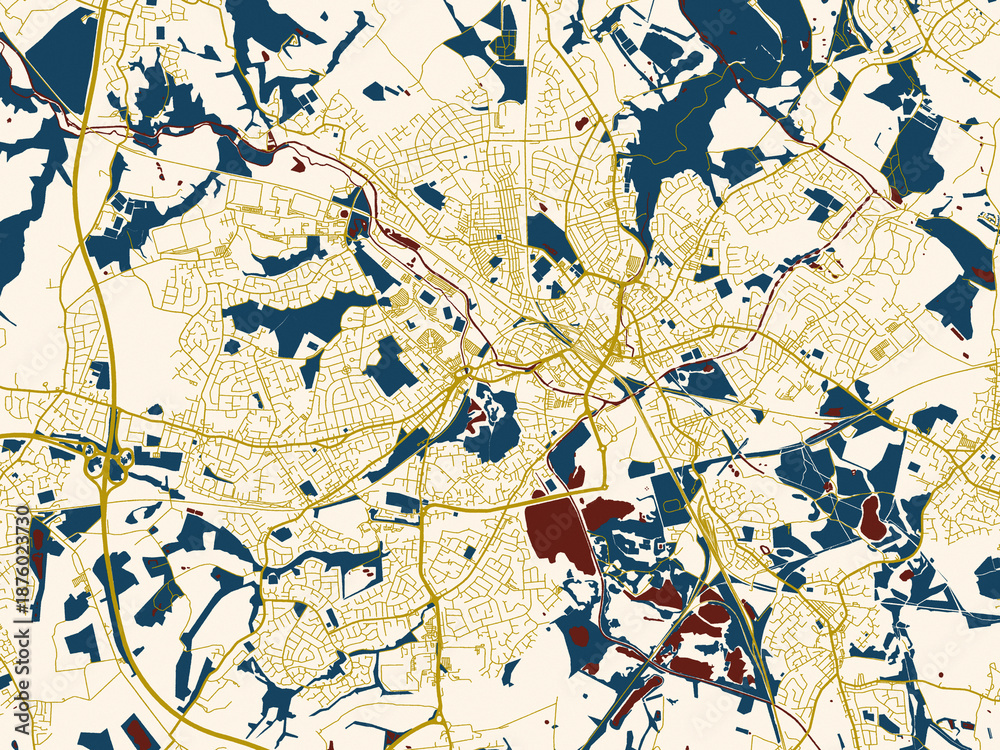Fototapeta premium City map of Wigan, United Kingdom – dark red water and warm gold roads
