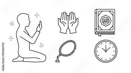 Muslim Man Praying With Religious Icons Showing Devotion and Spiritual Practice Isolated on White Background Line Art Collection