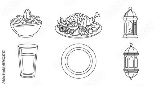 Collection of Elements Arabic Islamic Arabian Tradition Food Drink Lanterns Plate Icons Symbols Celebration Ramadan Iftar Suhoor Meal Gathering Event